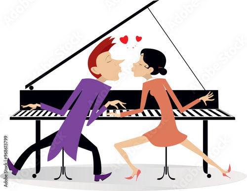 Man and woman play piano by four hands.
Love couple. Man and woman play piano by four hands and kissing. Happy lovers characters
