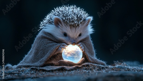 Hedgehog in a wizard s robe with a glowing crystal ball, wizard hedgehog, magical Halloween critter photo