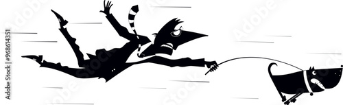 Funny man and disobedient dog. 
Cartoon young man tries to stop a running away dog. Black and white
