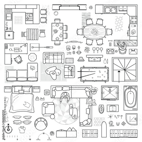 Collection of furniture and equipment top view for house plan. Interior icons set for bathrooms and living room, kitchen and bedroom (view from above). Vector blueprint for apartment floor plan