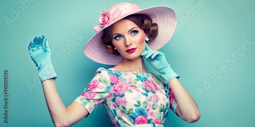 With a whimsical charm, a fashion-conscious model dons a pink and blue floral dress, paired with white gloves