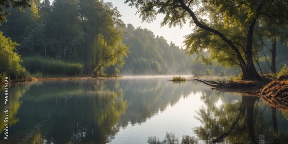 Misty Morning on Tranquil Forest Lake with Reflections and Lush Green Foliage. Misty Morning on Tranquil Forest Lake with Reflections and Lush Green Foliage.
