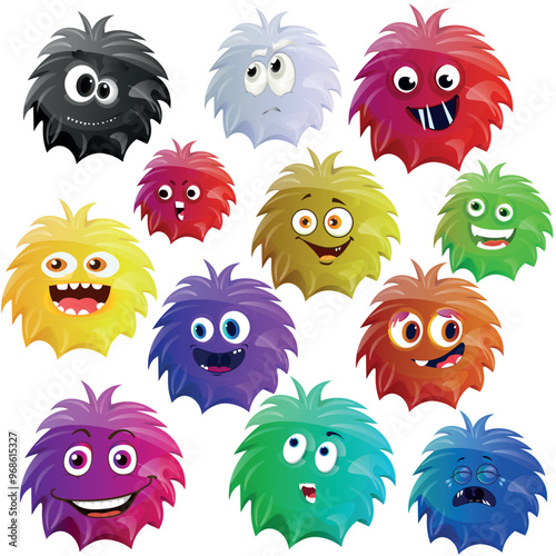Set of cheerful monsters microbes, furry character, with the manifestation of different emotions, emoji, flat cartoon style.