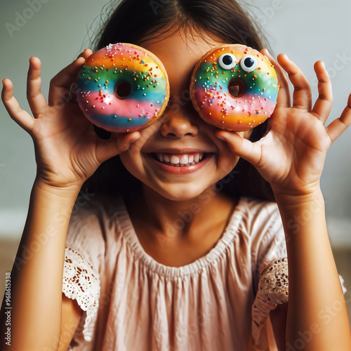 Jeune fille amusante tenant deux donuts colorés devant ses yeux comme des lunettes, symbolisant la joie, la gourmandise sucrée, et le bonheur de l'enfance photo