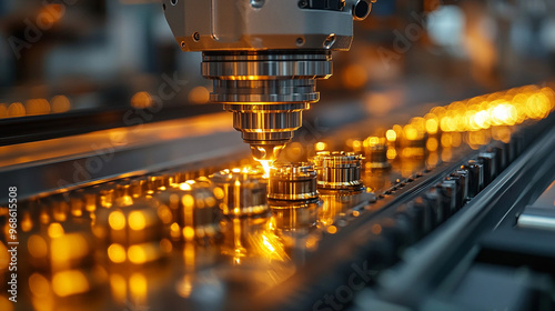Close-up of precision machining process with a CNC machine tool, highlighting intricate details and golden lighting effects.