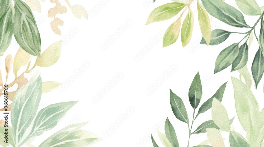 Ready-made card template with botanical watercolor leaves in soft pastel shades and blank space for custom text or event details.