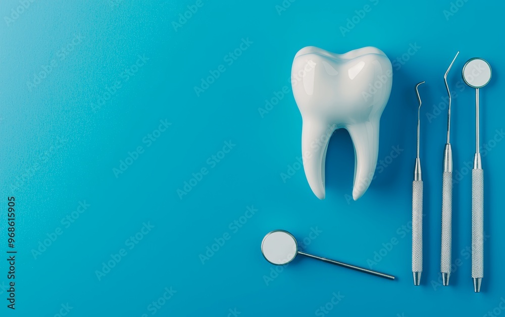 Dentists tools next to a tooth model, blue background, clean, organized, and ready for dental procedure Dentists tools next to a tooth model, blue background, clean, organized, and ready for dental procedure