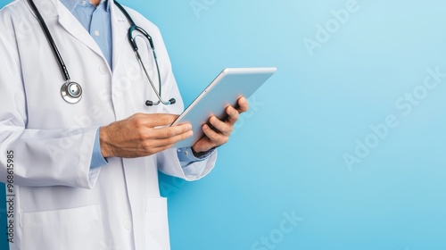 Wallpaper Mural Doctor with a stethoscope and tablet, reviewing digital health records, simple blue backdrop, representing tech-driven patient care Torontodigital.ca