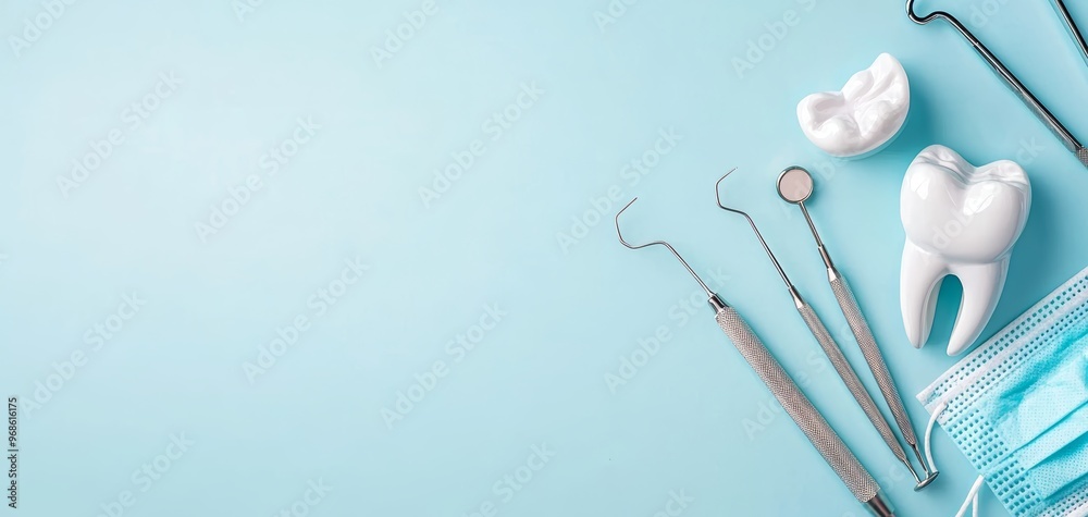 Flat lay of dental tools, mask, and a tooth model on a light blue background, minimalist medical scene Flat lay of dental tools, mask, and a tooth model on a light blue background, minimalist medical scene