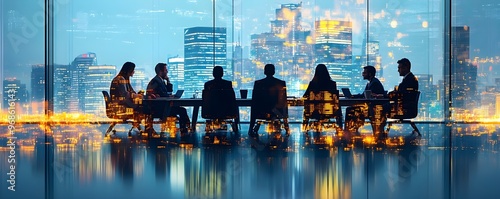 Business Silhouettes Meeting Night Cityscape View