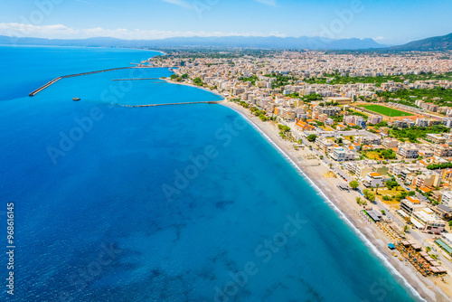 Kalamata Marina port. Aerial photo of Kalamata city, blue long beach in Messenia, Peloponnese, Greece