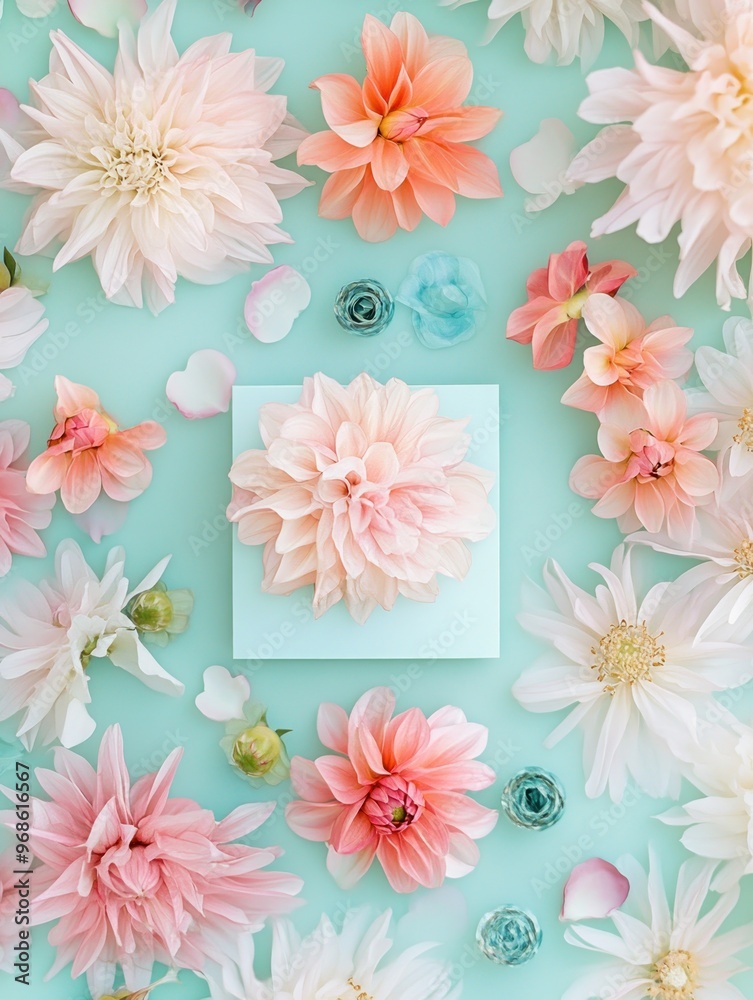 A vibrant arrangement of colorful flowers surrounding a gift box on a pastel background. A vibrant arrangement of colorful flowers surrounding a gift box on a pastel background.