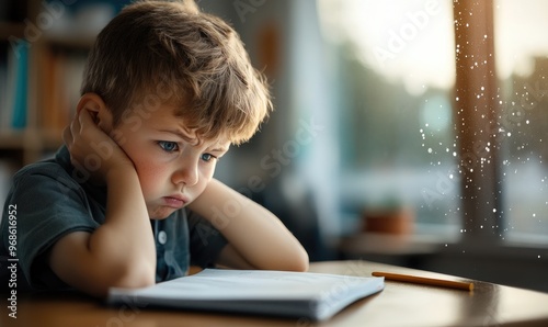 10-Year-Old Schoolboy in Uniform Feeling Upset and Bored at His Desk with Sunbeam photo