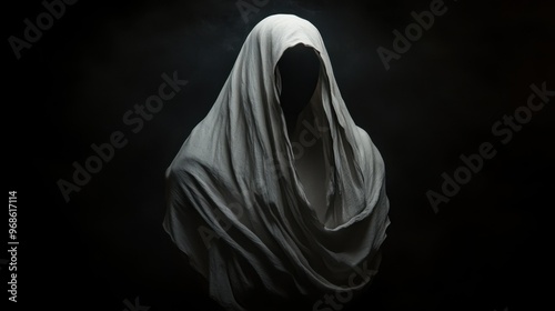 A ghost-like figure draped in cloth, floating in a dark space, creating an eerie, haunting effect.