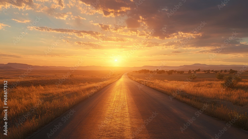 Golden sunset casting long shadows on a road stretching into the horizon with dramatic skies. Golden sunset casting long shadows on a road stretching into the horizon with dramatic skies.