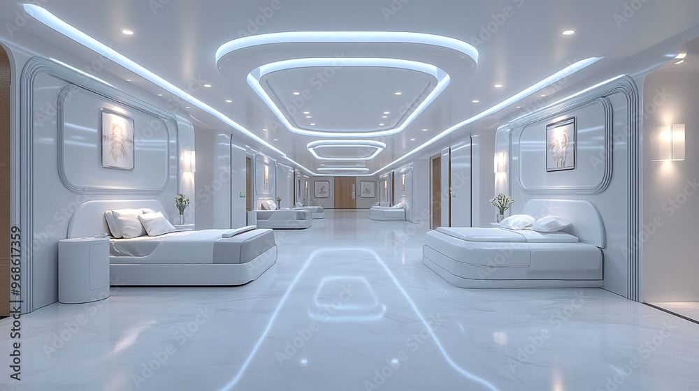 Obraz premium Sleek modern interior featuring stylish beds, bright lighting, and a clean, reflective surface in a spacious hallway.