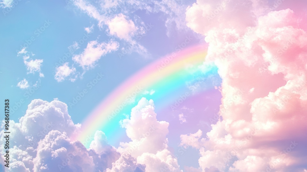 Kawaii-style rainbow and pastel clouds in a whimsical sky scene with soft gradients and playful tones. Kawaii-style rainbow and pastel clouds in a whimsical sky scene with soft gradients and playful tones.