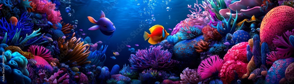 Obraz premium Whimsical, whimsical fairytale illustration of a magical underwater kingdom with mermaids and colorful marine life, clipart, imaginative