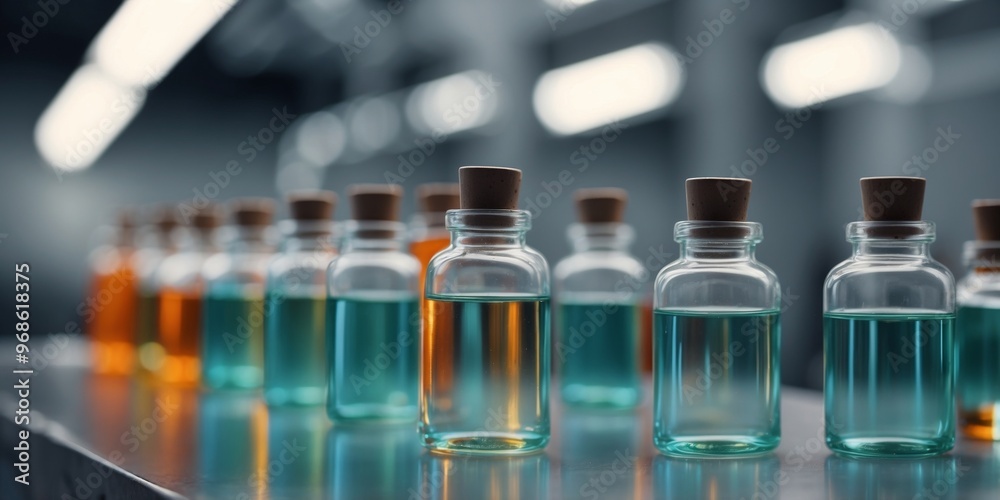 Liquid vials glass bottles on the production line in pharmaceutical factory. Liquid vials glass bottles on the production line in pharmaceutical factory.