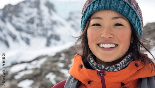 close-up of asian woman smiling and wearing mountaineering gear with snow covered mountains behind her 