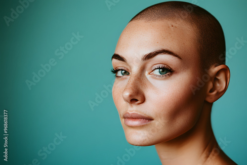 A strong woman with bare head after chemotherapy photo