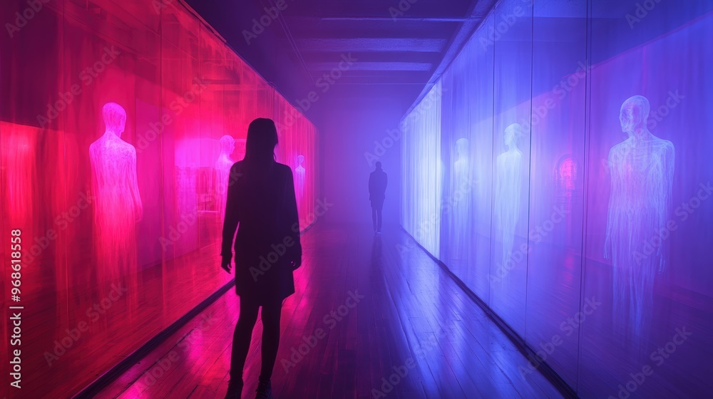 A woman walks through a hallway with a group of people in the background