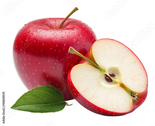 A red apple with a slice and leaf, isolated on a white background photo