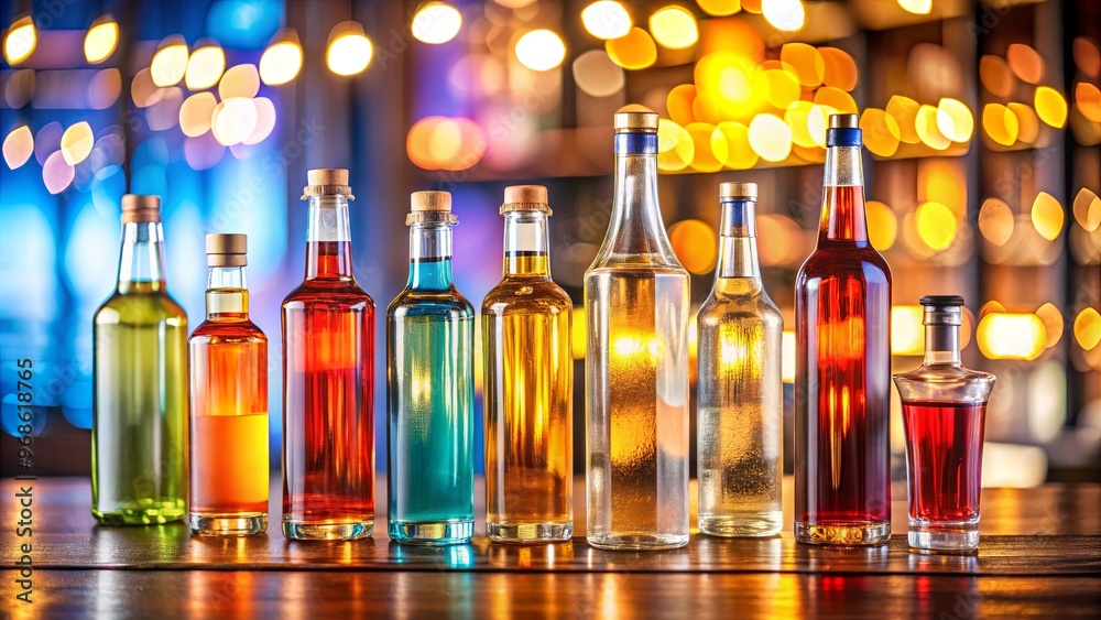 Bottles of liquid on a table with a blurred background
