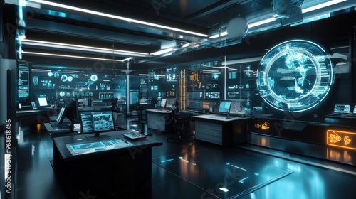 A futuristic office with a large glowing globe in the center