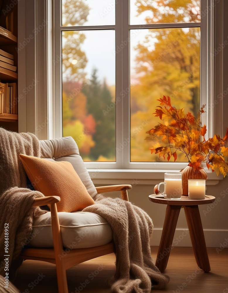 custom made wallpaper toronto digitalRincón acogedor de lectura en otoño: "Una silla cómoda junto a una ventana grande, con una manta suave y varios cojines. En la mesa cercana, una taza de té caliente y una vela encendida."