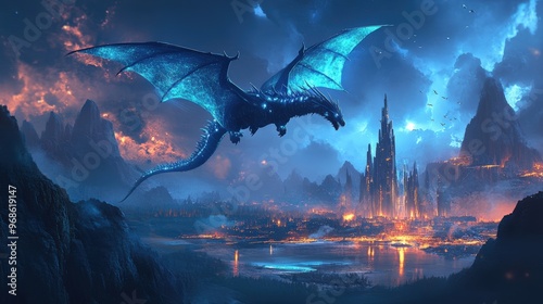 A blue dragon flies over a city with a castle in the background
