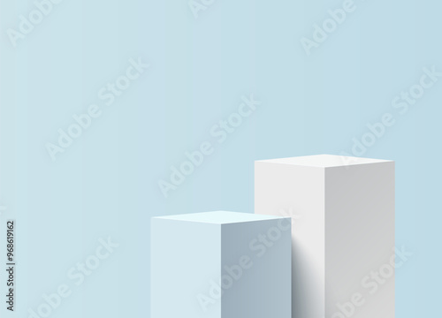 Realistic 3D white and blue cube stand podiums. Vector abstract studio room with geometric platform design. Pastel minimal scene for products showcase, Promotion display.