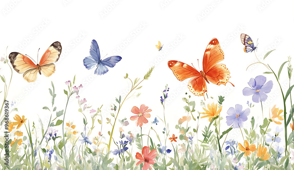 A watercolor illustration of butterflies and wildflowers in a meadow, with a white background A watercolor illustration of butterflies and wildflowers in a meadow, with a white background
