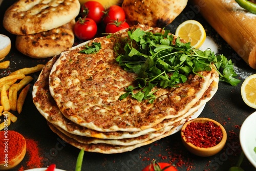 Turkish Lahmacun With Parsley and Side Dishes