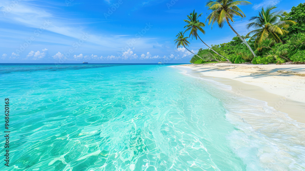 Naklejka premium Tropical beach with crystal clear turquoise waters and palm trees