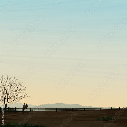 Silhouette couple of lover at cliff of countryside landscape in autumn season have mountain ranges with vanilla sky square background graphic illustration.