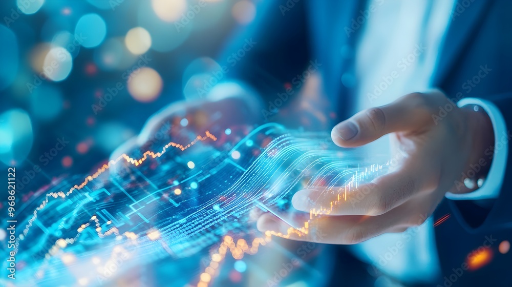 Businessman Holding Futuristic Digital Data Network Businessman Holding Futuristic Digital Data Network