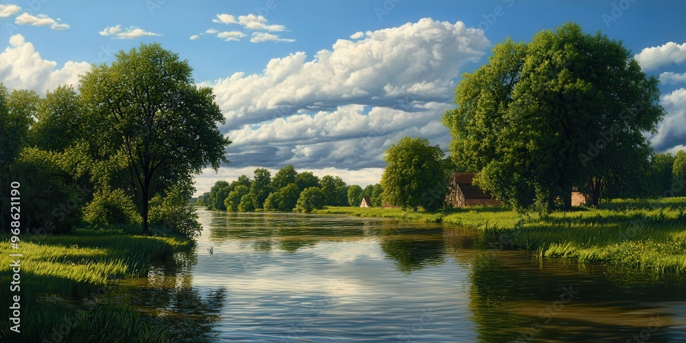 Fototapeta premium Serene landscape featuring a tranquil river, lush trees, and a vibrant sky reflecting the beauty of nature's harmony.