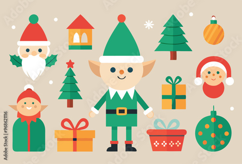 Festive Christmas elves and Holiday Icons Vector Illustration Set