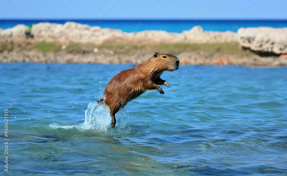 Fototapeta premium Capybara jumping out of the sea generated by AI