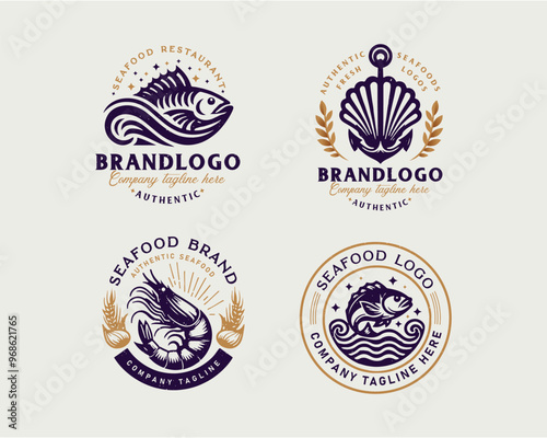 Set vintage bundle classic seafood restaurant logo design for business company photo