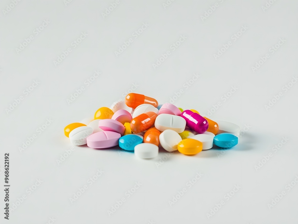 A small pile of assorted pills and capsules on a white background. A small pile of assorted pills and capsules on a white background.