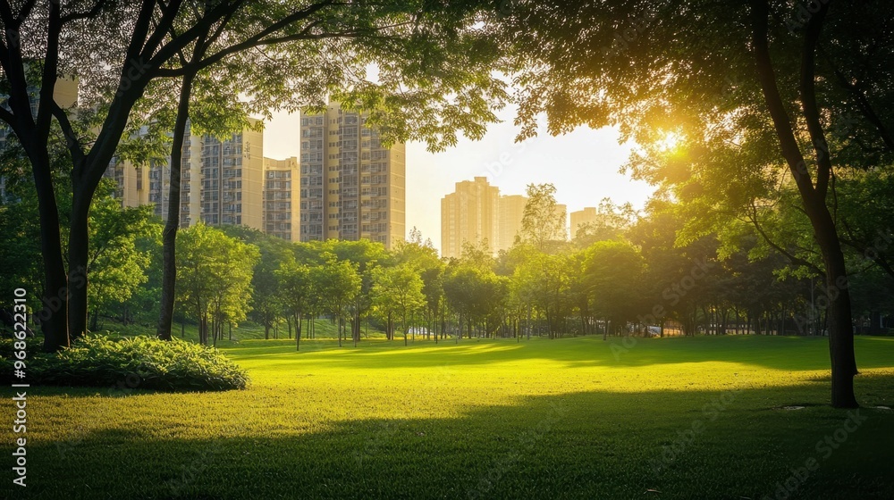 Obraz premium Lush and vibrant green public park with a residential building in the background, captured in the golden light of early morning.