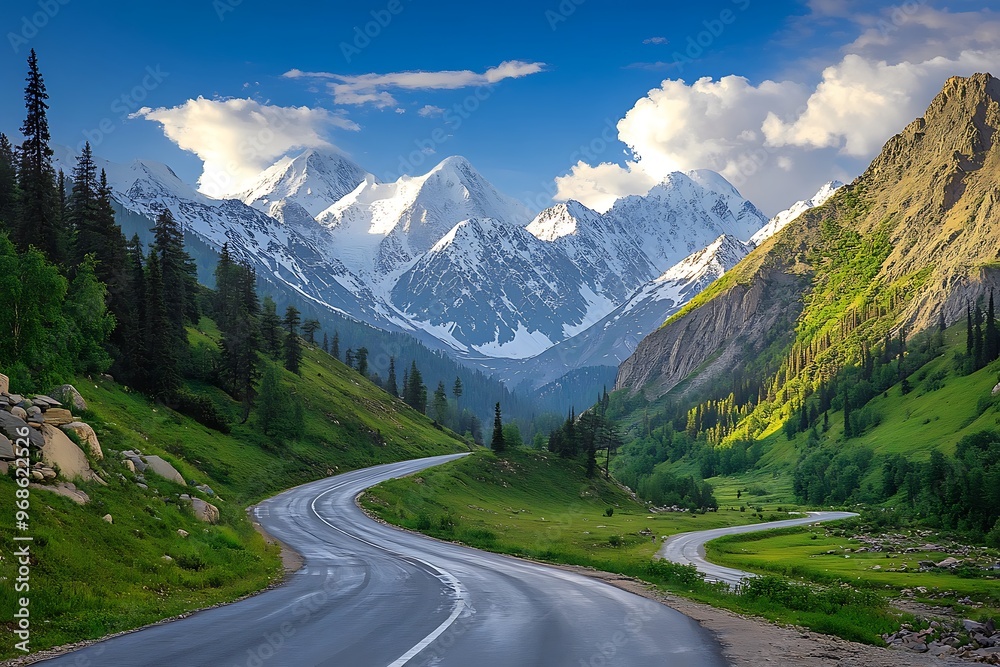 Road to snowy mountains in the morning,panoramic view Road to snowy mountains in the morning,panoramic view