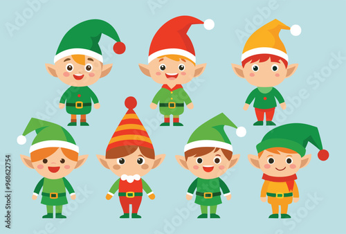 Festive Christmas elves and Holiday Icons Vector Illustration Set