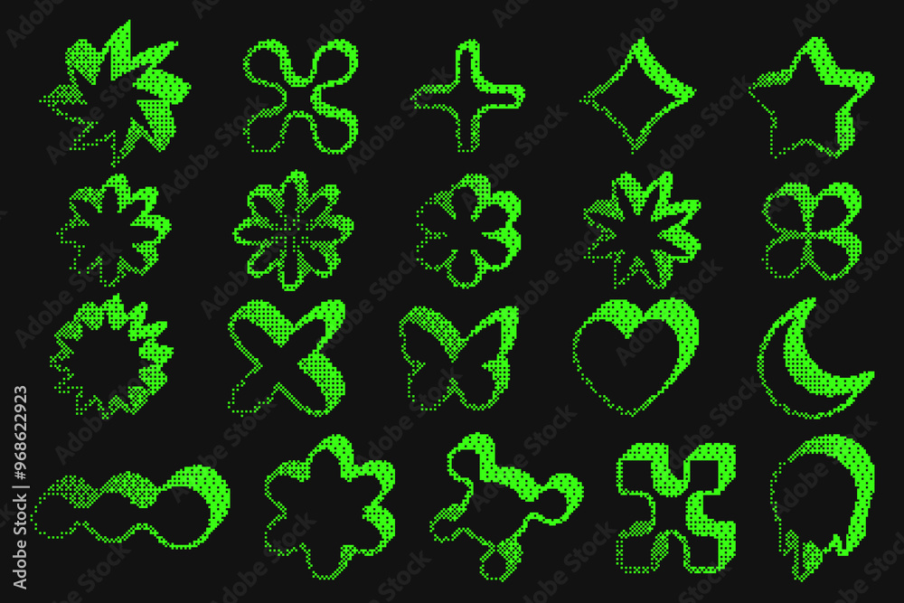 Bitmap pattern shapes. Heart star and flowers halftone gradient elements on dark background. Y2k graphic abstract icons. Dither noisy star with grunge texture. Bitmap pattern shapes. Heart star and flowers halftone gradient elements on dark background. Y2k graphic abstract icons. Dither noisy star with grunge texture.