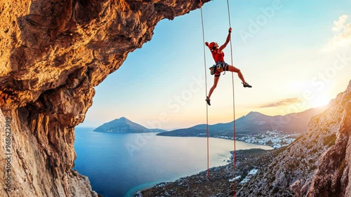 Female Rock Climber Scaling Cliff at Sunset Overlooking Ocean