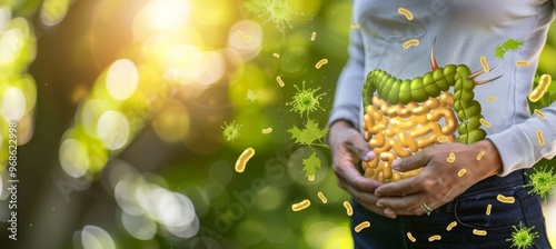 The human figure looks calm and healthy, with images symbolizing gut health, digestion and immune system function. Microbiome health