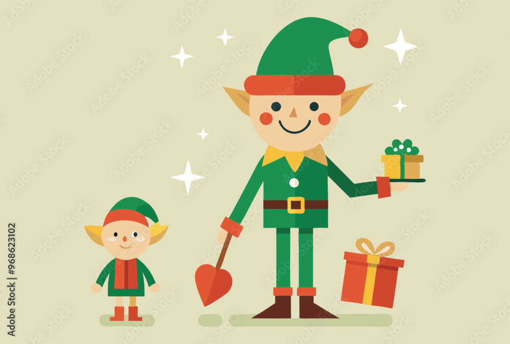 Festive Christmas elves and Holiday Icons Vector Illustration Set Festive Christmas elves and Holiday Icons Vector Illustration Set