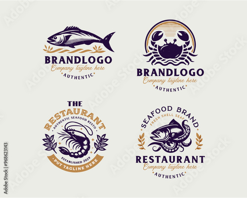 Set vintage bundle classic seafood restaurant logo design for business company